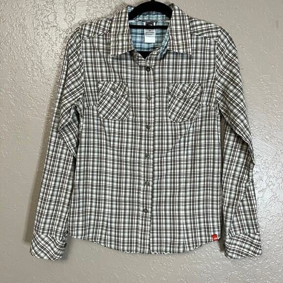 The North Face women's button up brown plaid medium embroidered - Picture 1 of 8